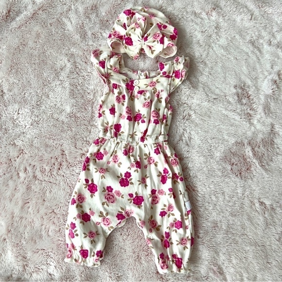 Duck Duck Goose Baby Girl 0-3 months Floral Pink White Romper Outfit with Hat - Picture 1 of 6